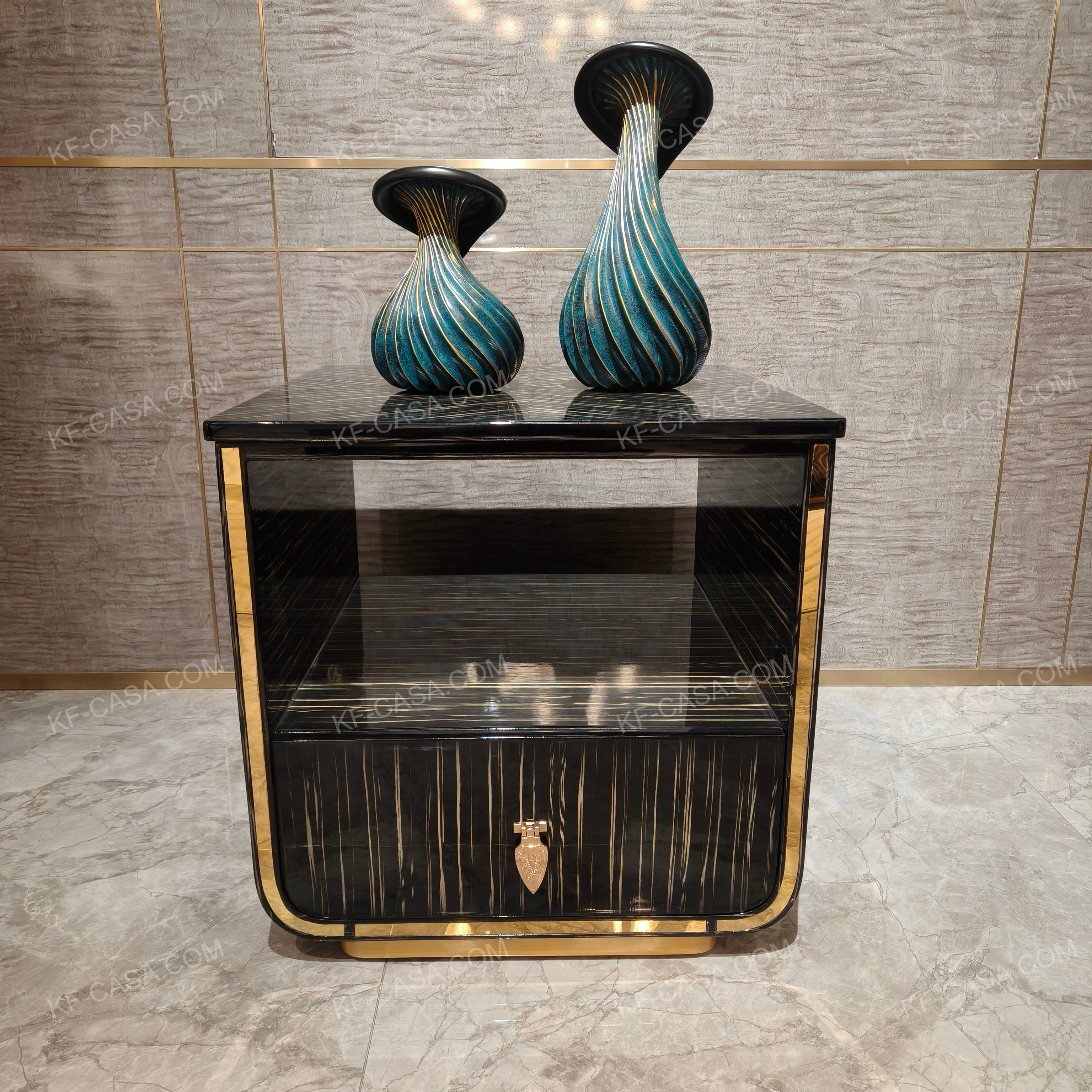 High-Gloss Black & Gold Veneer SideTable with Gold Metal Trim & Locking Drawer